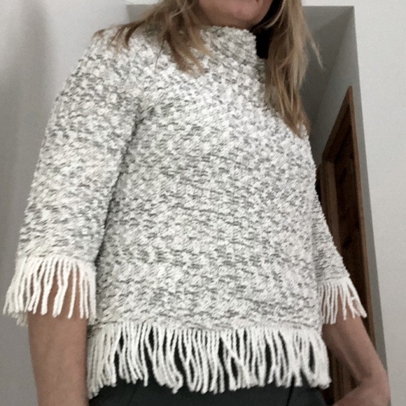 Petite Textured soft ivory and black cowl neck sweater with fringe - Picture 1 of 6
